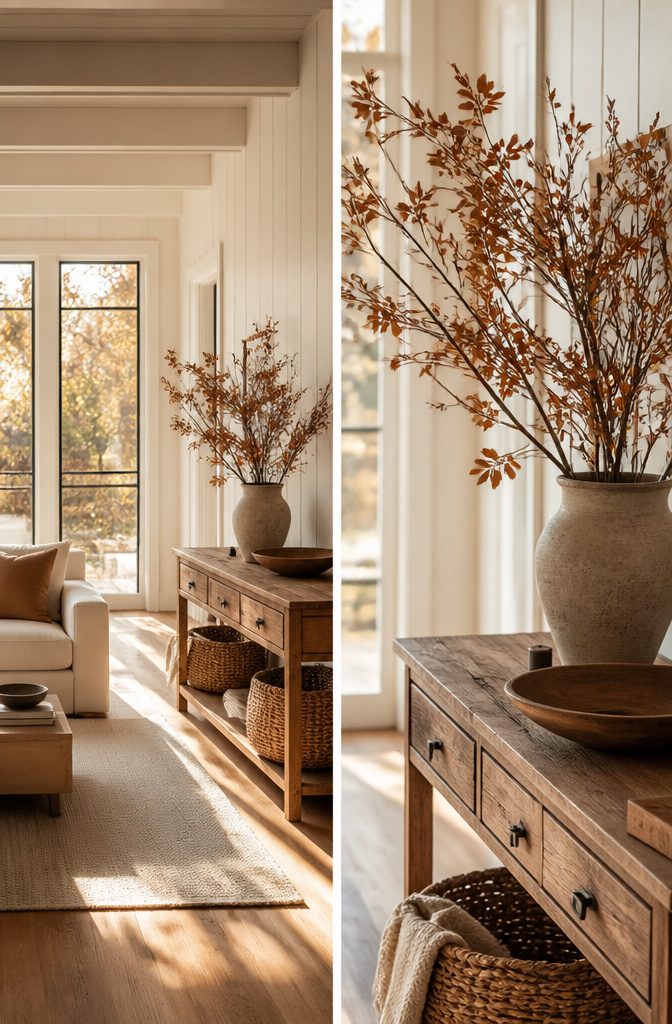 A corner with seasonal decor in a white and wood setting.