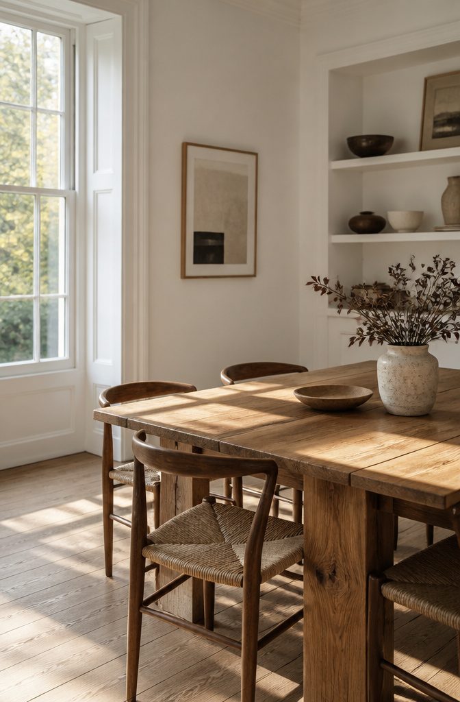 A dining space with white walls and a rustic oak table.