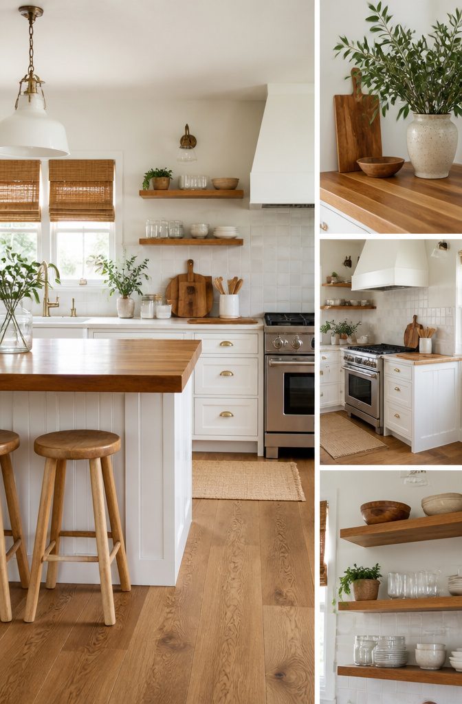 A room showcasing varied styles with white and wood elements.