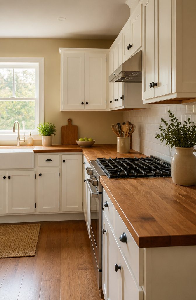 A kitchen with white cabinets and a butcher block countertop.