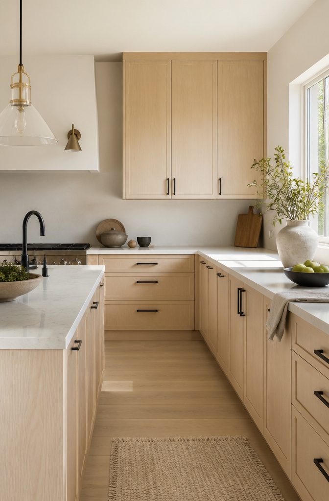 A sunlit kitchen with white oak cabinets and clean lines.