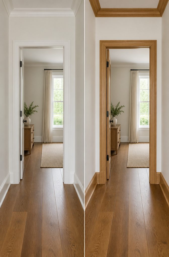 A room with white walls and oak trim providing subtle contrast.