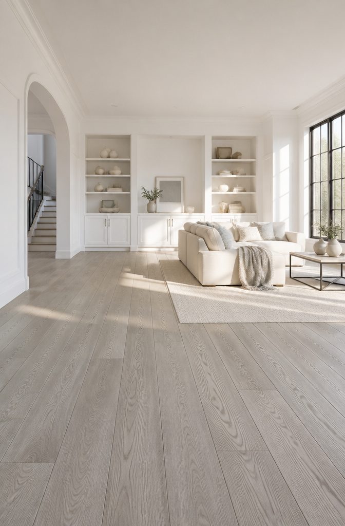 Wood flooring in a white room, emphasizing the warm tones.