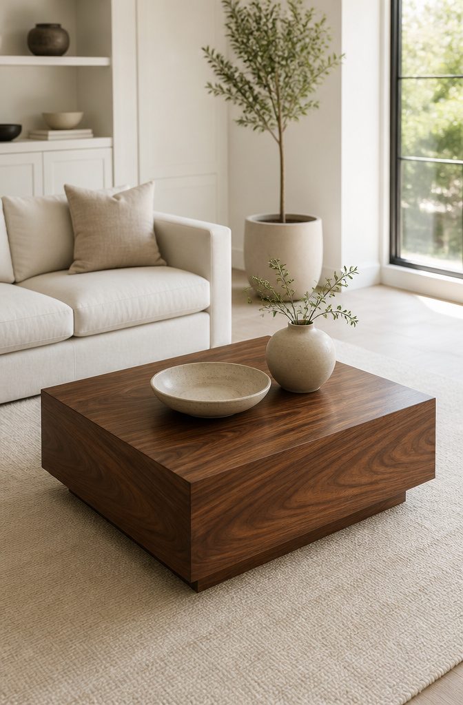 A walnut table and wooden furniture in a bright room.